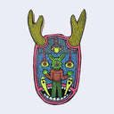 Illustration made with many lines, giving it the feel of a folk art woodcut on a die cut wood panel of a deer's head with antlers, inside its head is a rainy scene with a green monster standing - its feet inside the deer's mouth.