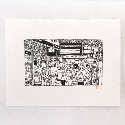 Ink illustration of a busy train station, with many people crowded around and lots of signage.