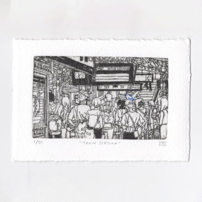 Black and white illustration of a train station with people, framed on a white background