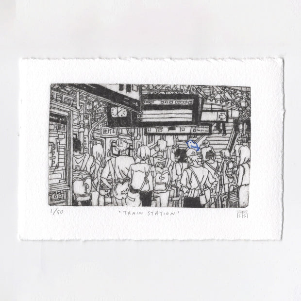 Black and white illustration of a train station with people, framed on a white background