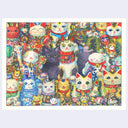 Very detailed ink and watercolor illustration of many Japanese lucky cat sculptures, all side by side with no room in between. Their designs vary slightly with colors or decor. A real black cat sits in the center of them.