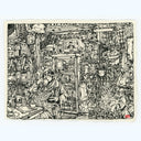 Stylistically busy ink drawing on cream colored paper of a person sitting in a very, very busy outdoor shop setting and sipping on a coffee.