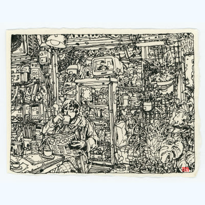 Stylistically busy ink drawing on cream colored paper of a person sitting in a very, very busy outdoor shop setting and sipping on a coffee.