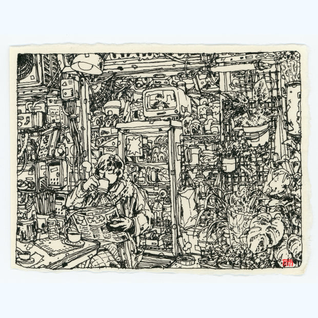 Stylistically busy ink drawing on cream colored paper of a person sitting in a very, very busy outdoor shop setting and sipping on a coffee.