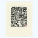 Stylistically busy ink drawing of a person dressed in winter clothes, drinking a canned drink and walking down a very busy urban street past a vending machine.