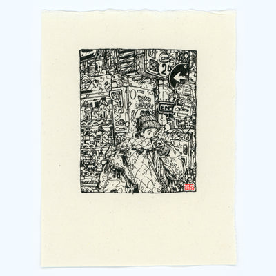 Stylistically busy ink drawing of a person dressed in winter clothes, drinking a canned drink and walking down a very busy urban street past a vending machine.