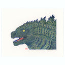 Illustration of Godzilla, close up so he is seen from the neck up. He is green with blue scales and small yellow eyes.