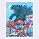 Illustration of Godzilla towering over a cityscape with various advertisements and characters. A person photographs themselves in a convex traffic mirror.