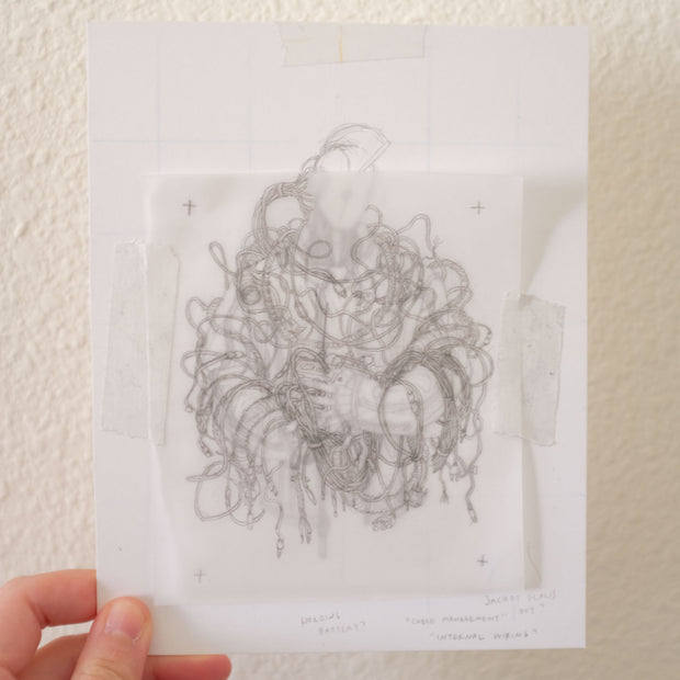 Sketch of a robot with many wires coming out of its body.