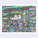 Colorful illustration of a store interior with shelves stocked with various products and a person sitting inside.