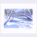 A winter landscape drawing with snow-covered ground, bare tree branches, and blue-toned trees in the background. 
