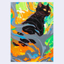 Painting of a black cat on a bright multi colored background with marbling on the paper itself.