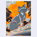 Painting of a gray cat on a bright multi colored background with marbling on the paper itself.