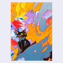 Painting of a black kitten on a bright multi colored background with marbling on the paper itself.