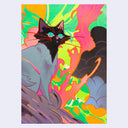 Painting of a black and gray cat on a bright multi colored background with marbling on the paper itself.