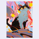 Painting of a fluffy white and black cat on a bright multi colored background with marbling on the paper itself.