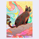 Painting of a black cat on a bright multi colored background with marbling on the paper itself.