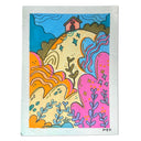 A colorful abstract landscape illustration featuring a whimsical house on a hill, surrounded by wavy hills, plants, and stars in bright blue, pink, orange, yellow, and green tones, presented on a textured white paper background.