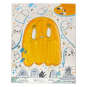 A hand-drawn cartoon illustration of a large orange ghost in the center, surrounded by smaller white ghosts, tombstones, stars, and blue and orange splashes on a white background.