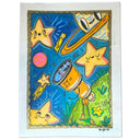 A hand-drawn space illustration with a telescope, stars, planets, and a green landscape on a white paper background.