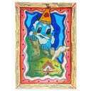 A drawing depicting a blue-skinned gnome with a white beard, wearing an orange pointed hat, looking down a green hill toward a small red-roofed house. The artwork is framed by wavy pink and red borders with black dots, set against a plain white background.