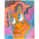 A colorful abstract painting of a cat face and head, rendered in orange, pink, blue, purple, and black with wavy line patterns and large eyes, on a white background.