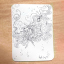 Black and white line drawing of a girl underwater with a dress that flows outwards.