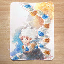 Watercolor illustration of a character with white hair and a very long scarf.