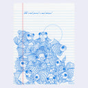 Blue ink drawing of many goldfish with large bulging eyes and open mouths, all piled atop one another. Text at the top reads "What is most personal is most universal"