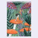 Painting of a girl in an orange outfit sitting on an orange mushroom, with others around and greenery in the background.