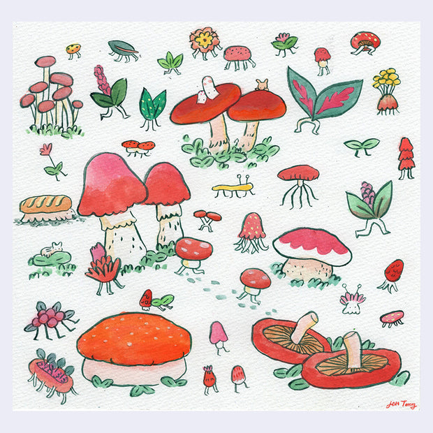 Collection of small drawings on one page of mushrooms, plants with legs and bugs.