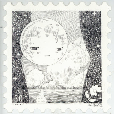 Graphite drawing on a stamp shaped piece of paper of a full moon with a face hovering above an open body of water.