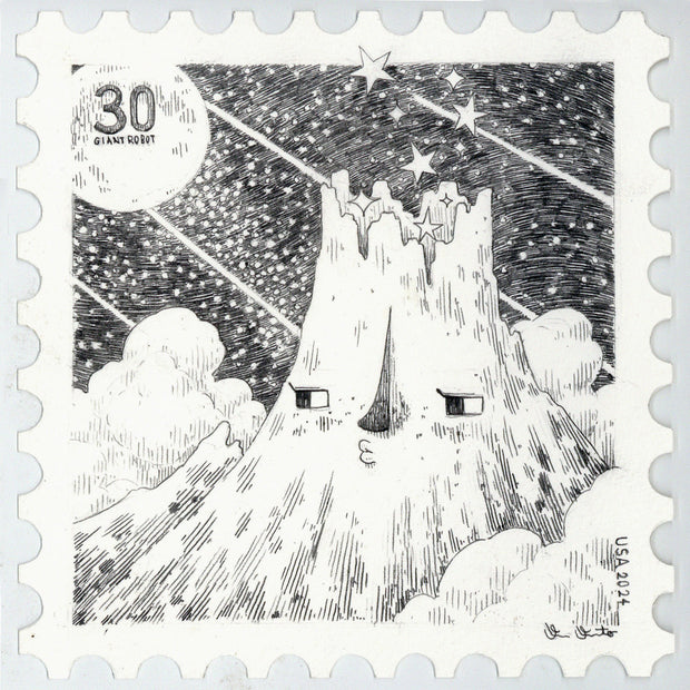 Graphite drawing on a stamp shaped piece of paper of a mountain with a cartoon face, looking off to the side as stars shoot by.