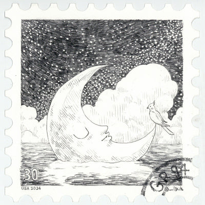 Graphite drawing on a stamp shaped piece of paper of a crescent moon floating in water, with a small bird sitting on its corner.
