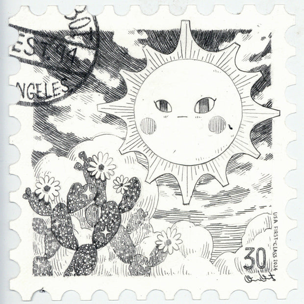 Graphite drawing on a stamp shaped piece of paper of a sun above cacti in the desert.