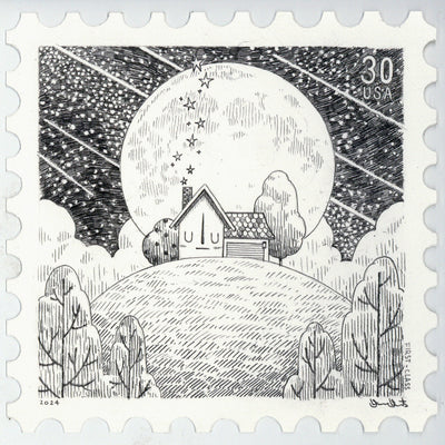 Graphite drawing on a stamp shaped piece of paper of a house with a smiley face, sitting atop a rounded hill. 