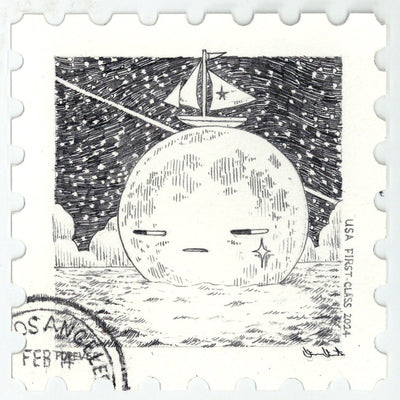 Graphite drawing on a stamp shaped piece of paper of a moon floating in water, with a small sailboat sitting atop its head.