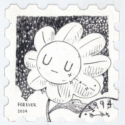 Graphite drawing on a stamp shaped piece of paper of a flower being blown in the wind, with small stars coming out of its closed eye expression.