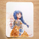 Illustration of a girl with blue hair holding a flower and looking back over her shoulder.