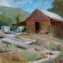 An impressionistic painting of a rustic wooden cabin or shed with a white roof, set in an outdoor scene with green hills, blue sky, and scattered building materials in the foreground.