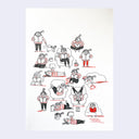 Many doodles on one paper of a girl wearing a striped shirt reading in different positions, sitting and standing.