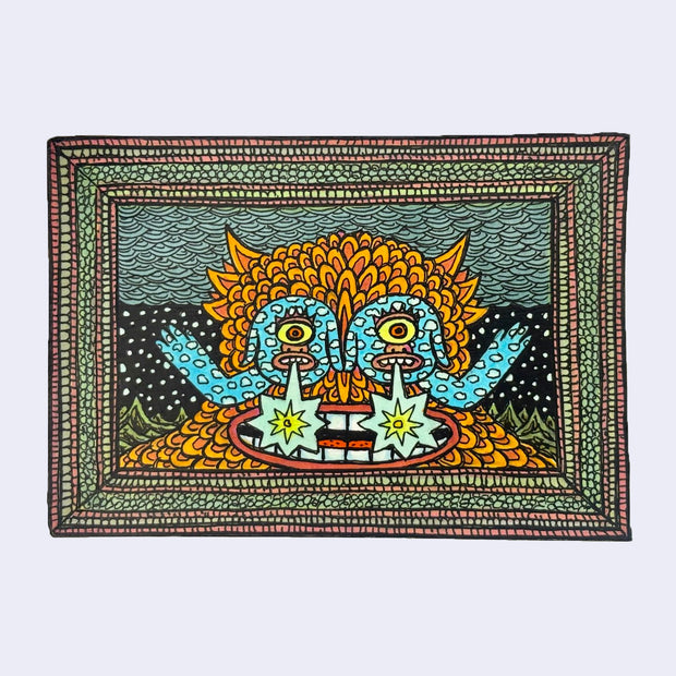 Illustration made with many lines, giving it the feel of a folk art woodcut on a rectangle wood panel of an orange feathery monster, seen from its shoulders up, with 2 small characters for eyes.