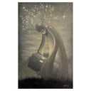 Artistic depiction of a figure with long limps holding a tree-like object against a starry night sky.