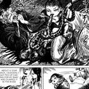 Black and white manga panel with a woman holding a snake and text at the bottom.