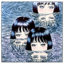 Illustration of 3 woman's faces, all with straight black hair and bangs. They are half submerged in water, obscuring their mouths/lower face. The water has black line ripples, reflecting each of their faces.