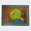 Illustration made with many lines, giving it the feel of a folk art woodcut on a rectangle wood panel of a green reptile person, looking back over their shoulder with a small pink mouse on the right shoulder. They are within a cave or sorts.
