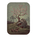 Painting of a metal pipe partially coming out of the ground with a cherry blossom tree growing out of it.