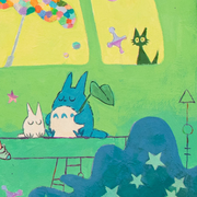 Painting of the interior of a train, with Totoro sitting on a seat with a girl leaning on him. Lots of space themed items and trinkets are around the scene, which is primarily green.
