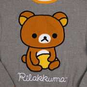 Gray pull over sweater with a large plush graphic of Rilakkuma, close up to show soft detailing.