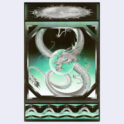 Risograph print in black and mint green of a dragon with futuristic looking framing elements.